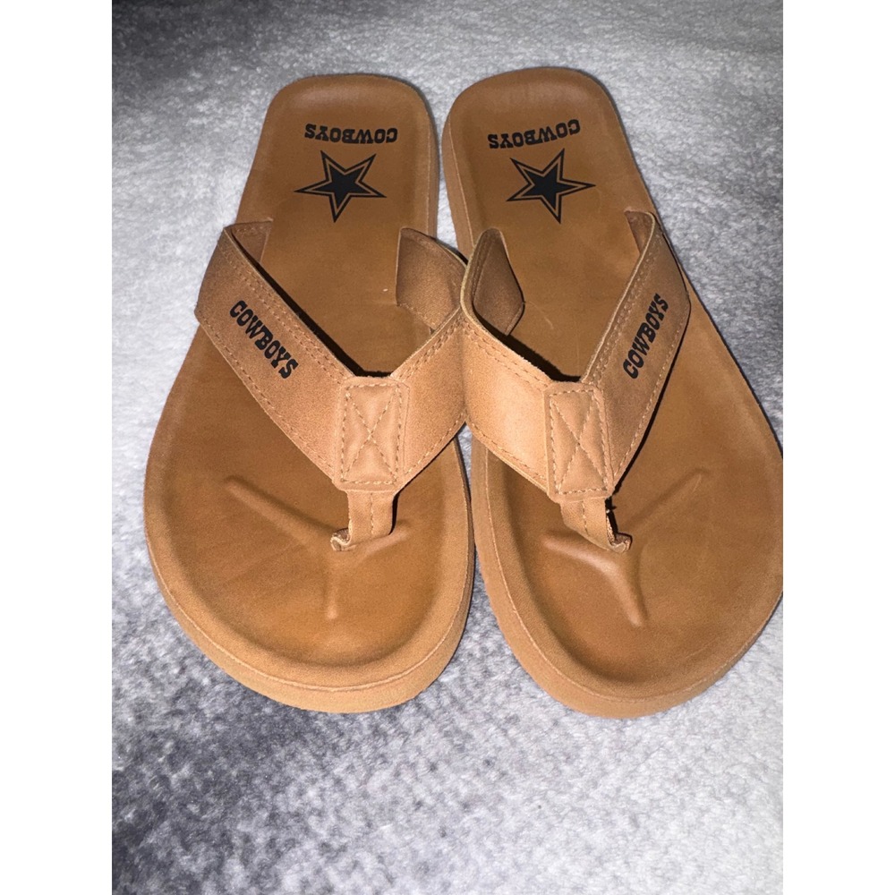 Dallas Cowboys Mens Flip Flop Sandals Brown Faux Leather Thong 9